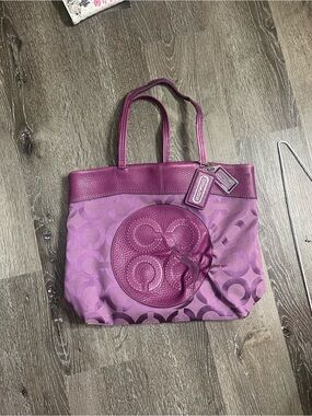 Coach Purple Signature Tote Bag with Leather Trim